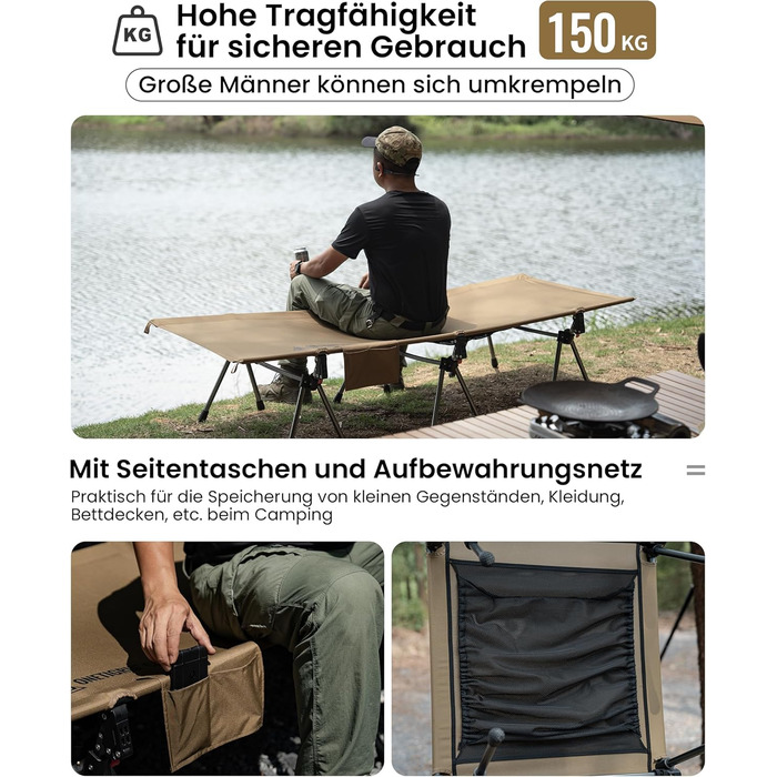 Складане похідне ліжко 19070 см, портативне туристичне ліжко, легке, складне, кемпінгове ліжко до 150 кг для намету, для активного відпочинку на природі, подорожей, саду, офісу, кольору койота коричневого