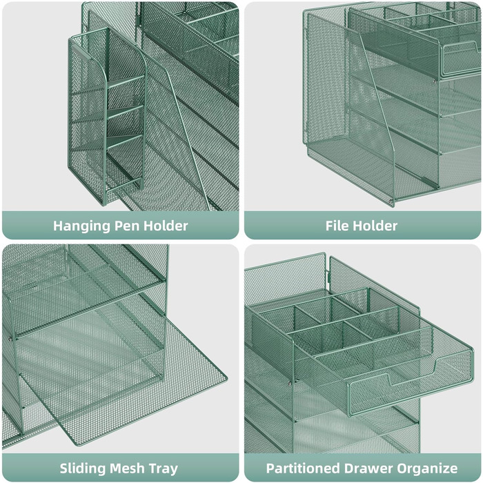 Настільний органайзер Marbrasse з тримачами для файлів, 4-рівневий лоток для листів, відділення, шухляди, підвісний тримач для ручок, сітчастий лоток для паперу для зберігання документів у домашньому офісі (зелений)