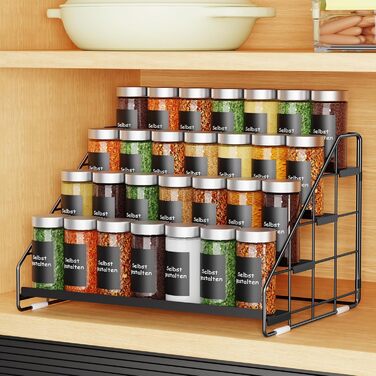 Рівнева стійка для спецій - регульована по висоті (2/3/4 рівні) та не потребує свердління - чорна металева стійка для спецій з S-подібними гачками та етикетками - органайзер для спецій для кухні, шафи, ванної кімнати, 1 упаковка, 4-