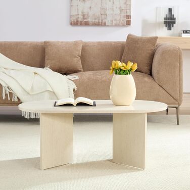 Овальний круглий журнальний столик, білий травертин під камінь 100 x 50 x 40 см (Д x Ш x В) Травертин білий