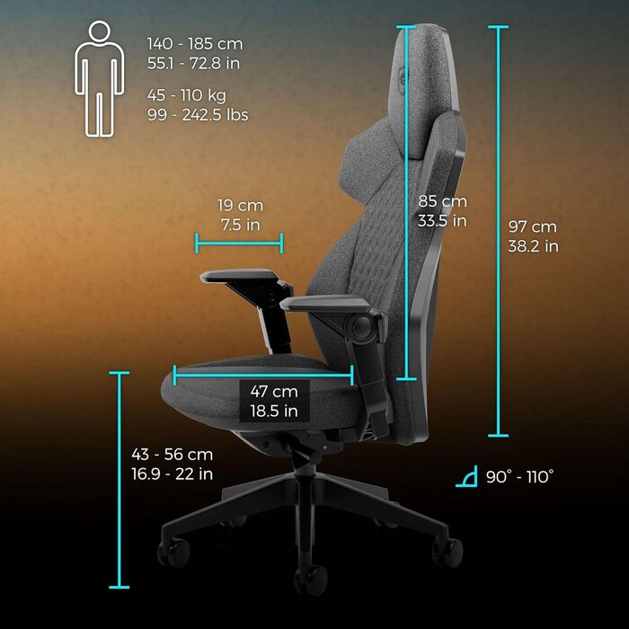 Ігрове крісло noblechairs Dawn TX сірого кольору ергономічне робоче крісло зі складними підлокітниками, синхронним механізмом, оббивкою з повітропроникної тканини, поперековою опорою, універсальними колесами, гранітним покриттям