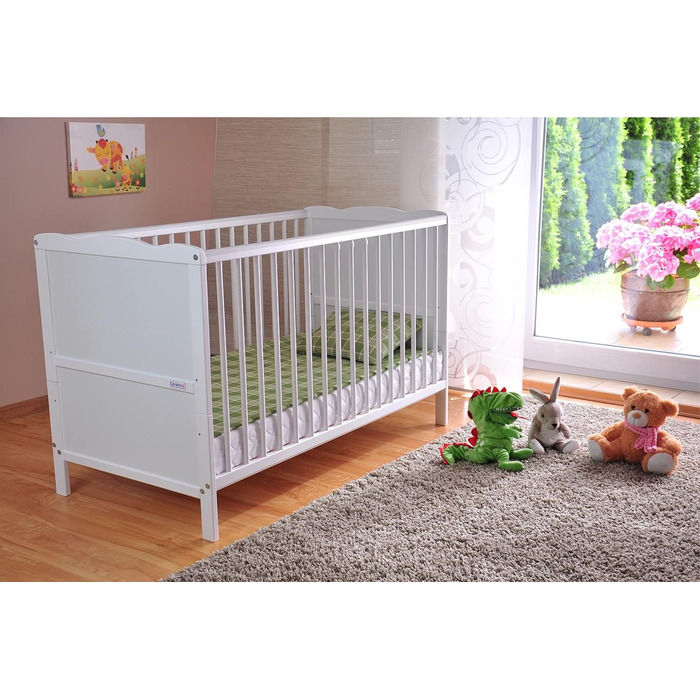 Дитяче ліжечко Marsell Дитяче ліжко та ліжечко з матрацом з піни алое вера Зубчасті рейки та регулювання по висоті Біле, трансформ
