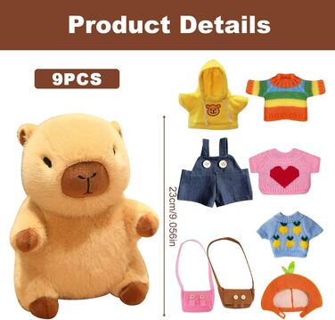 Плюшева іграшка капібара з одягом та аксесуарами, 23 см м&39яка іграшка капібара, мила плюшева капібара, плюшева іграшка капібара-одягальник з капелюхом, 4 предмети одягу, 2 кишені, штани для дітей, дівчаток, хлопчиків