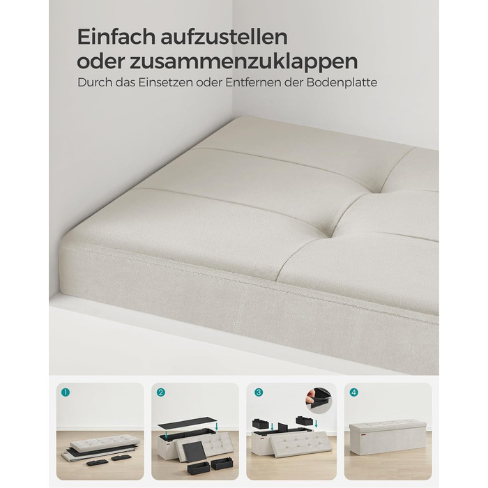 Пуф для зберігання SONGMICS, Складана лавка, 38 x 110 x 38 см Пуф для ніг, Коробка для зберігання, Вантажопідйомність до 300 кг, для вітальні, спальні, коридору, кремово-білий LSF277W01 Кремово-білий 110B см