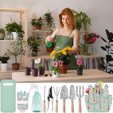 Набір садових інструментів 10 в 1, міцні садові ручні інструменти з нержавіючої сталі з сумкою для зберігання секатор, садова лопатка, рукавички, культиватор та інше. Ідеальний подарунок для садівників (квітковий візерунок)