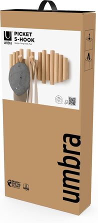 Вішалка Umbra Picket - Вішалка та сучасна прикраса для стін з 5 відкидними гачками, виготовленими з шліфованої сосни, натуральної