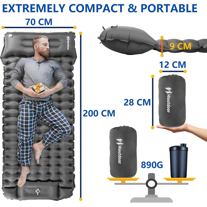 Надлегкий надувний килимок для кемпінгу з насосом для ніг для піших прогулянок на природі, пляжного відпочинку, намету, матраца, спального килимка, килимка для кемпінгу (сірого кольору), 10