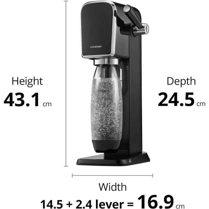 Тип содогенератора SodaStream з циліндром CO2 та пластиковою пляшкою, безпечною для посудомийної машини 1 л, висота 44 см, чорна, 44 см