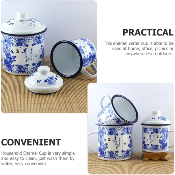 Емальована кружка 500 мл з кришкою та ручкою, синя вінтажна чайна кружка з товстої, безпечної для харчових продуктів емалі для дому, кемпінгу та використання на природі