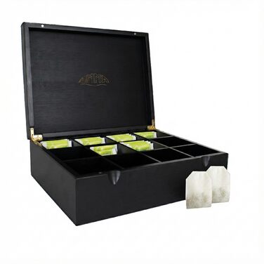 Чайні коробки NIMMA Дерев&39яна чайна коробка з магнітною застібкою Підходить для Pickwick, Lipton та інших Чорний колір Дуже великі відділення для чайних пакетиків та розсипного чаю (12 відділень)