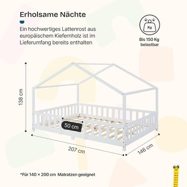Дитяче ліжко Treviolo House, 140 x 200 см, Дерев&39яне дитяче ліжко із захистом від падіння, каркас ліжка Монтессорі з рейковою основою, сосна, білий колір, 140 x 200 см