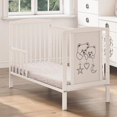 Звичне дерев&39яне дитяче ліжко 60120 см Модель Два ведмеді біле з бар&39єром для перетворення 3-позиційна регульована по висоті рейкова основа знімні бруски без матраца. Дитяче ліжко