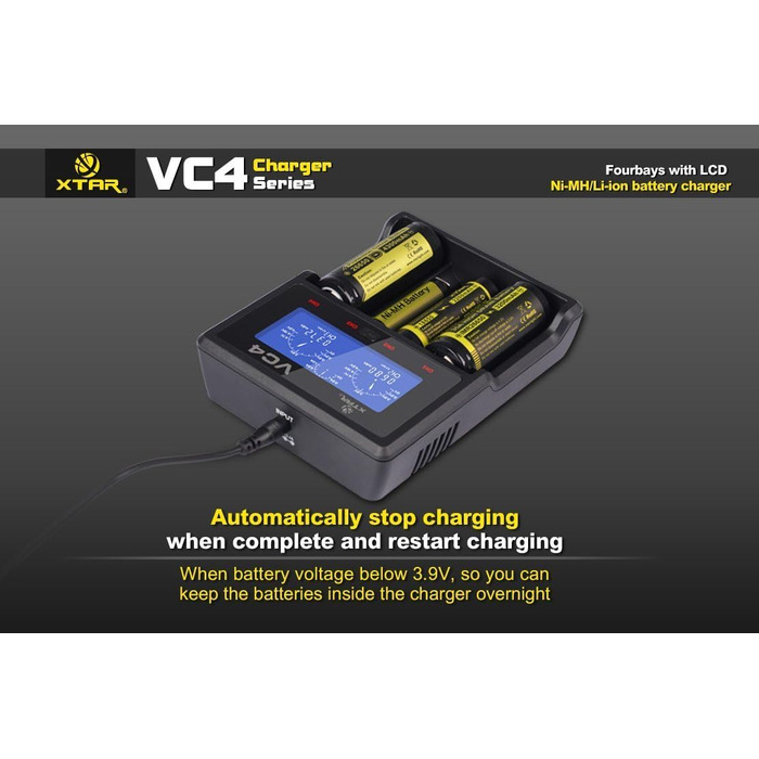 Зарядний пристрій XTAR VC4 з РК-дисплеєм для акумуляторів 18650 Li-Ion/Ni-MH, чорний