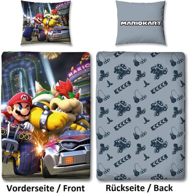 Дитячий двосторонній комплект постільної білизни Super Mario Kart - Постільна білизна для хлопчиків 135x200 80x80 см з 100 бавовни