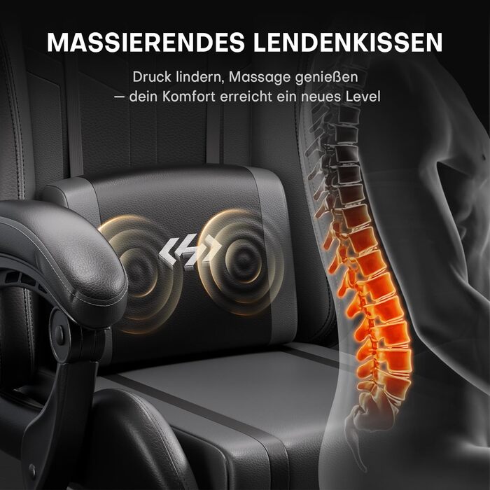 Ігрове крісло з функцією масажу, ергономічне ігрове крісло, гоночне ігрове крісло з підставкою для ніг, підголівником та масажною поперековою подушкою, м&39яке комп&39ютерне крісло, вантажопідйомність 150 кг, чорно-сіре