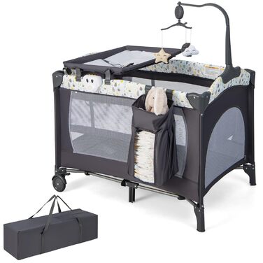 Дитяче ліжечко DREAMADE 4-в-1, складне та портативне дитяче ліжечко з колесами, матрац, пеленальний килимок та музичний мобіль, 102 x 72 см, приліжкове ліжечко для малюків 0-36 місяців (бежевий)