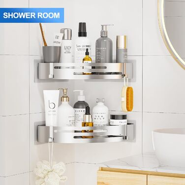 Душова полиця без свердління кута Душова полиця з нержавіючої сталі 2 шт. и Душова корзина самоклеюча З 4 гачками Поличка для душу
