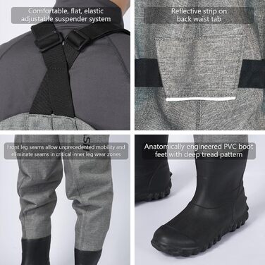 Вейдерси Bassdash 3D Angler&39s, надміцні чорні картаті нейлонові ПВХ рибальські мисливські вейдерси для чоловіків, сірі, XL, довгі 11-12 футів