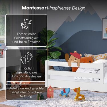 Ліжко Bellabino Iskri на підлозі 90x200 см Дитяче ліжко Монтессорі із захистом від падіння та рейковою основою Дерев&39яне ліжко для хлопчиків та дівчаток з масиву сосни білого кольору Ліжко для малюків білого кольору 90x200 см без матраца