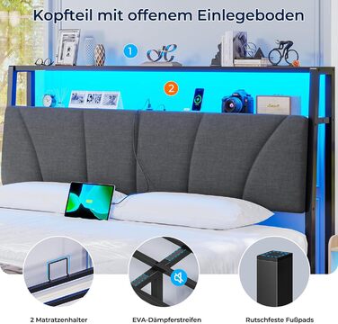 Ліжко 140x200 з металевою рейковою основою, каркас ліжка 140x200 см зі світлодіодним освітленням та зарядною станцією (2 розетки змінного струму та 2 порти USB), дитяче ліжко, двоспальне ліжко з 2 великими шухлядами, сірий колір, 140x200 см