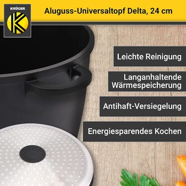 Лита алюмінієва універсальна каструля Krger Delta зі скляною кришкою - 24 см - каструля для приготування здорових та нежирних стра