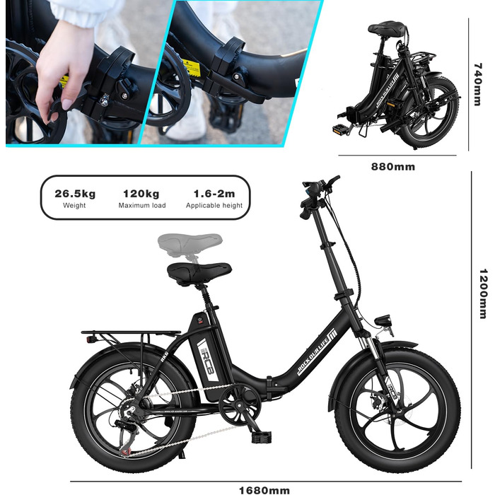 Електричний складний велосипед RCB RK6, ободи шириною 20 дюймів, легка конструкція, підходить для використання в місті та на природі. Чорний.