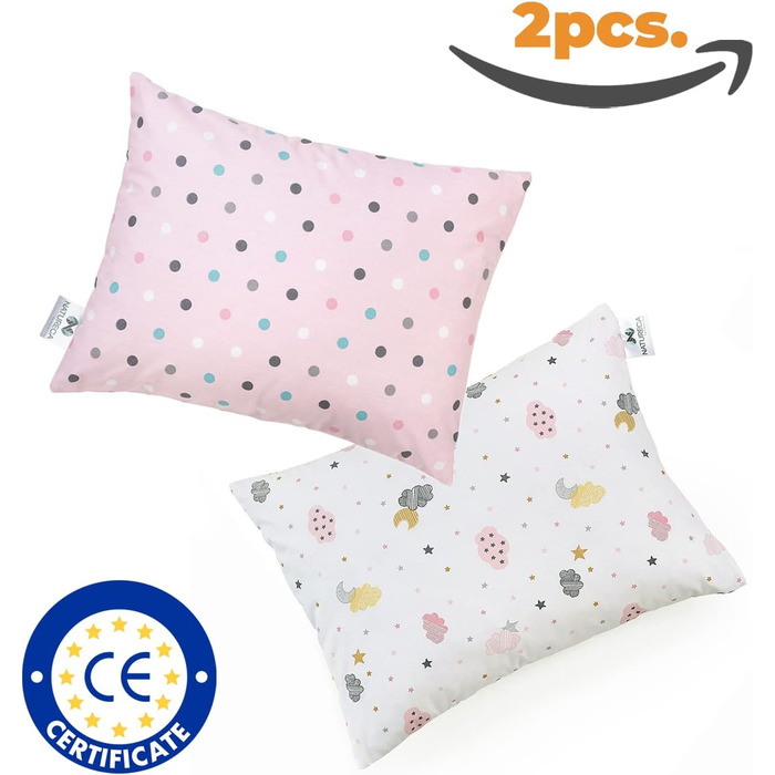 Набір з 2 м'яких подушок з бавовняною наволочкою, дитяча подушка від 1 року, дитяча подушка для дитячого ліжка, дитяча подушка, що