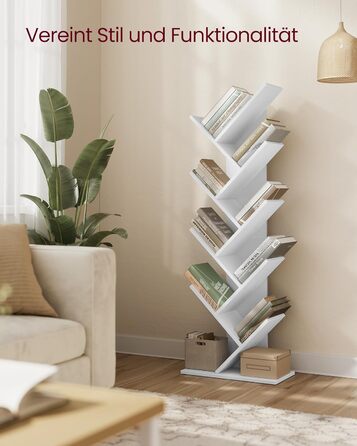 Книжкова полиця VASAGLE у формі дерева, 9-ярусна окремостояча полиця, компактна кутова полиця, полиця для зберігання речей у спальні, вітальні, домашньому офісі, хмарно-білий колір LBC11WTV1 9 ярусів (25 Г x 50 Ш x 141,5 В см) хмарно-білий колір