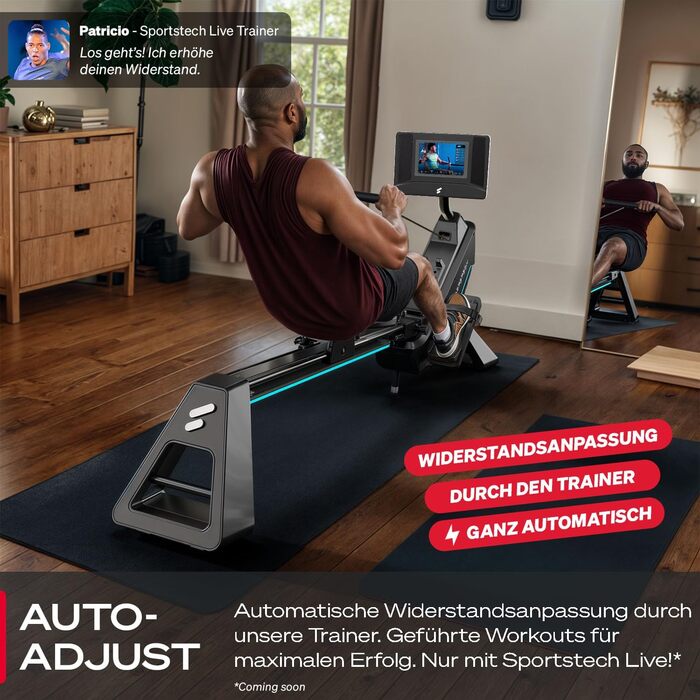 Гребний тренажер преміум-класу Sportstech sRow/10 дюймів/Lite для домашнього використання сенсорний дисплей/ручка - якісний німецький бренд - додаток з тренуваннями та курсами тренувань, складний гребний тренажер зі світлодіодною технологією, домашній спо