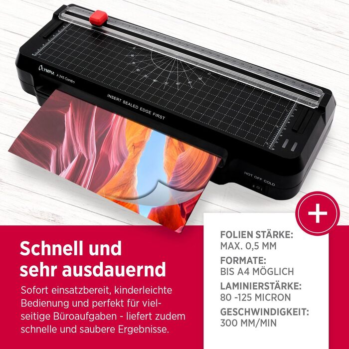 Ламінатор Olympia A 245 Combo 4-в-1 Гарячий та холодний ламінатор Комплект для ламінування документів A4 Вбудована лінійка для різання Комплект ламінуючих пакетів та закруглювач кутів Швидкий час нагрівання Розмір документа A4