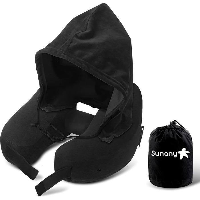 Подушка Sunany Neck Pillow Airplane with Hood, Travel Pillow for Air Travel and Car, Inflatable and Comfortable Travel Neck Pillow Adults, Supports Head, Neck and Chin - Black