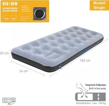 Надувний матрац High Peak Comfort Plus - Надувний матрац для кемпінгу, ліжко для гостей, килимок для сну, насос, 185 x 74 x 20 см