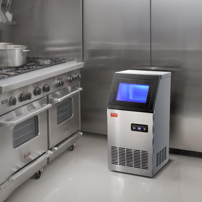 Комерційний льодогенератор VEVOR 45 кг/24 год, льодогенератор Light Cube 12,5 кг Ємність для зберігання льоду 45 кубиків льоду, льодогенератор з нержавіючої сталі, включаючи фільтр для води та лопату для льоду