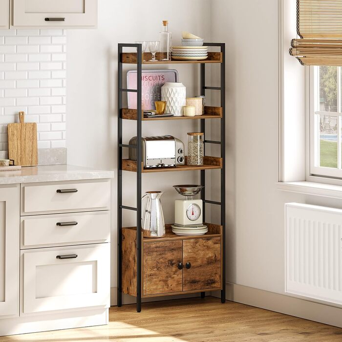 Книжкова полиця HOOBRO, книжкова шафа з дверцятами та полицею, полиця, стояча полиця, полиця для зберігання з 4 рівнями, промисловий дизайн, для вітальні, офісу, кухні, кабінету та коридору EBF46SJ01