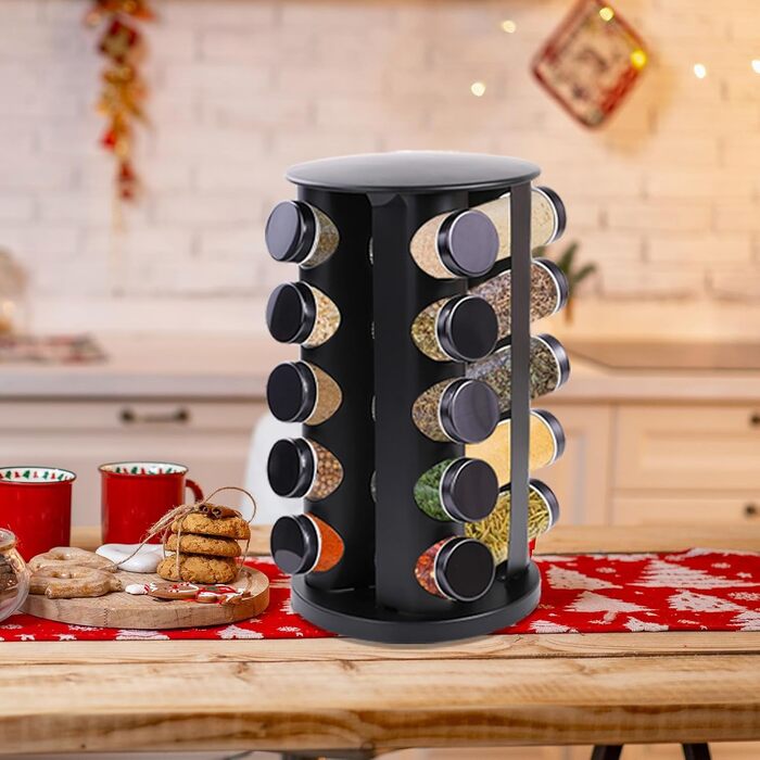 Поворотна на 360 підставка для спецій, чорна, органайзер для спецій, карусель для спецій з 20 банками для спецій, етикетками, ручкою, лійкою, кришками, підставками для спецій з нержавіючої сталі, зберігання спецій для кухонної стільниці