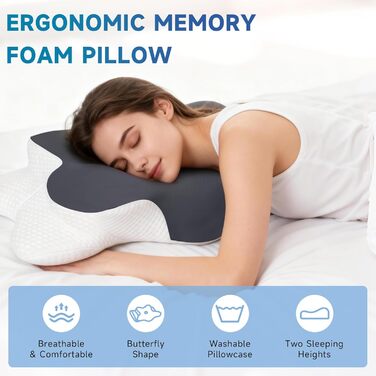 Подушка для шиї, ергономічна подушка з двома висотами, подушка з піни з ефектом пам&39яті, подушка для сну на боці з дихаючою наволочкою, подушка-метелик для сну на боці, на спині та на животі