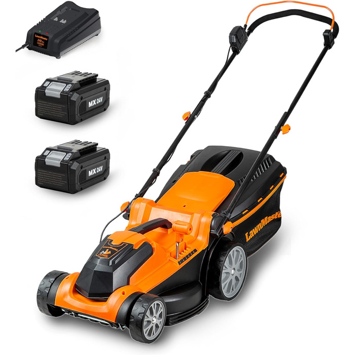 Акумуляторна газонокосарка LawnMaster CLMF2437G 24V Max 2x4.0Ah акумулятор, 37см 300м мульчування 40л, 22-72мм 6-ступінчасте регулювання висоти зрізу