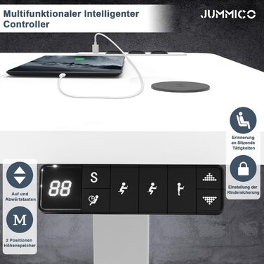 Регульований по висоті письмовий стіл JUMMICO (140x70 см) з бездротовою зарядною станцією, білий