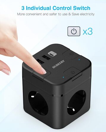 Куб розетки з USB C, 3 відділення з декількома розетками, плоска вилка з одним перемикачем, подовжувач з кабелем довжиною 2 м, 1 в