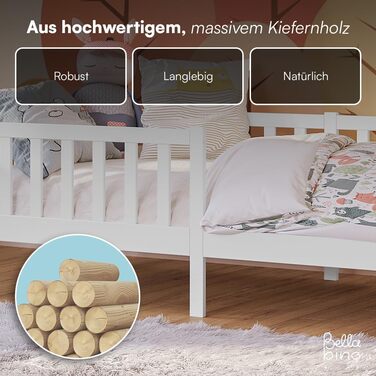 Дитяче ліжко Bellabino Vere 90x200 см Ліжко Монтессорі із захистом від падіння та рейковою основою Дитяче ліжко з масиву сосни для хлопчиків та дівчаток Ліжко для малюків білого кольору 90x200 см без шухляд та матраца