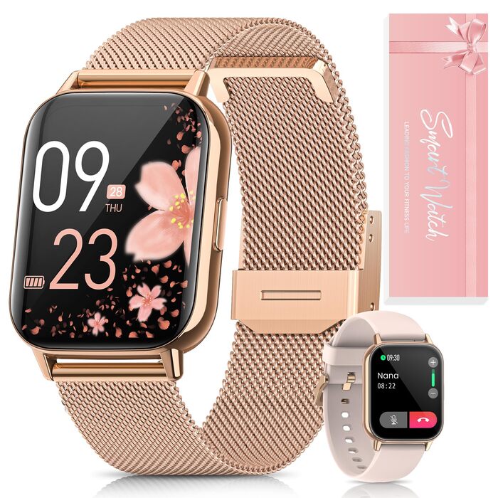 Подарункова коробкаЖіночий смарт-годинник із функцією телефону, 1,83-дюймовий HD-наручний годинник, пульсометр, монітор сну, менструальний цикл, SpO2, смарт-годинник IP68 із 113 спортивними режимами, крокомір для iOS та Android, рожеве золото