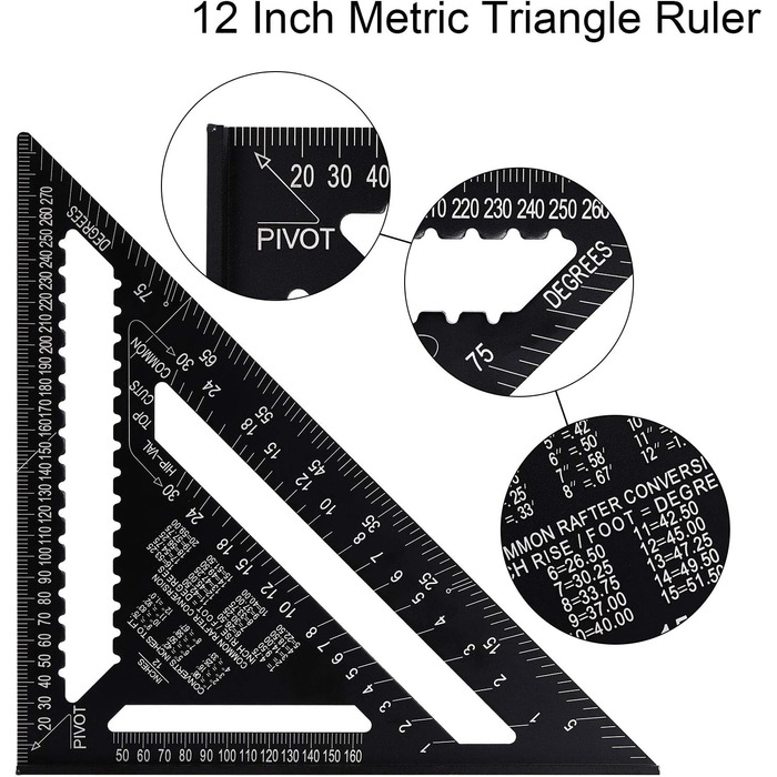 И теслярський кутник 12 дюймів і 7 дюймів, 45 90 градусів потовщений трикутник транспортир метричний теслярський кутник багатофункціональний інструмент для письма для тесляра, покрівельника, інженера, 2 шт.