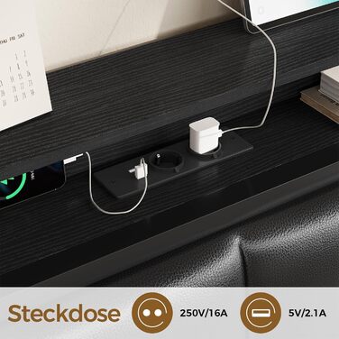 Ліжко 140 x 200, ліжко зі світлодіодним підсвічуванням, м&39яке ліжко 140x200, зарядна станція, каркас ліжка з рейковою основою, для спальні, гостьової кімнати, чорний 140 x 200 см