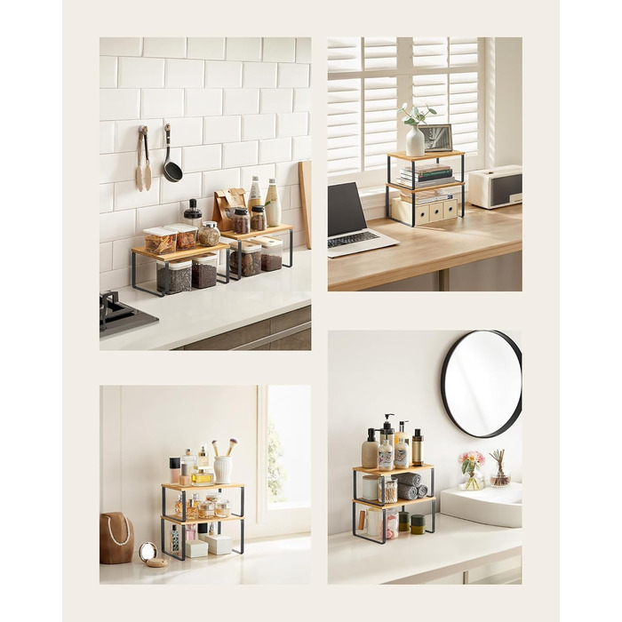 Стійка для спецій, Набір з 4 шт. , Кухонна полиця, Кухонний органайзер, Розширювана, Штабельований тримач для спецій, З металевою рамкою, 19,5 x 29,7 x 15,8 см, Чорнило-чорний - Натуральний бежевий KCS10NB Чорнило-чорний Натуральний бежевий 29,7B см