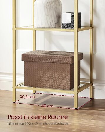 Полиця VASAGLE, 5-ярусна книжкова полиця, окремостояча полиця із загартованого скла, арочна полиця для зберігання, металевий каркас, для вітальні, спальні, кабінету, ванної кімнати, металеве золото-прозоре LGT501A01 30,2 x 40 x 183,5 см металеве золото пр