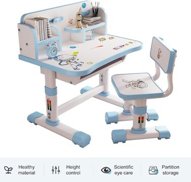 Дитячий функціональний комплект столу та стільця, регульована висота, комплект шкільного столу та стільця з мультяшним візерунком, ергономічне письмове крісло з великою дошкою для письма, книжкова полиця, синій