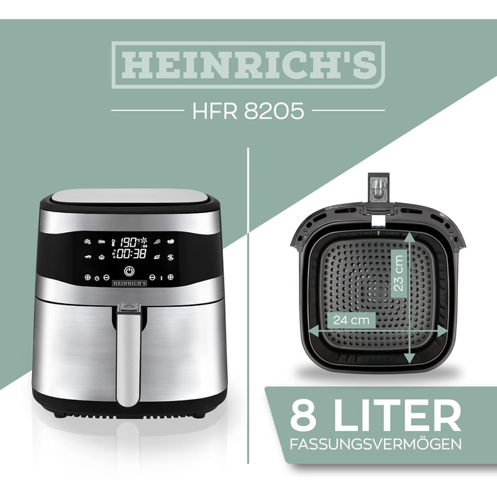 Фритюрниця HEINRICHS з нержавіючої сталі з цифровим світлодіодним дисплеєм РК-дисплей сенсорний, 8 програм 1800 Вт для фритюрниці без олії Фритюрниця Функція таймера фритюрниці, Heinrich (8 л XXL)
