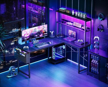 Г-подібний ігровий стіл Coleshome зі світлодіодним освітленням та розетками, 135 x 100 см, двосторонній ігровий стіл з полицями, кутовий стіл із сумкою для зберігання для домашнього офісу та ігор, чорний.