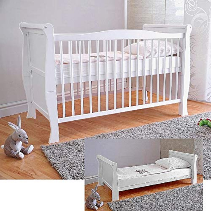 Дитяче ліжечко Marsell, дитяче ліжко, ліжечко для малюків з матрацом з піни алое вера, регульовані поручні для прорізування зубів, біле, трансформується в дитяче ліжко