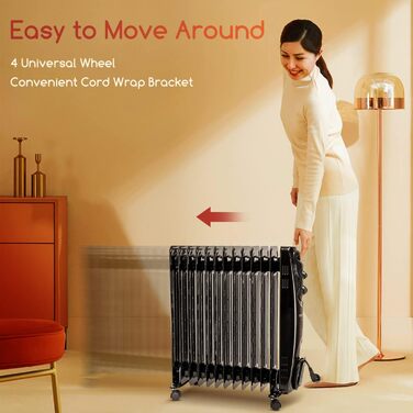 Масляний радіатор Aigostar потужністю 2500 Вт з 13 ребрами, мобільний електричний обігрівач, енергозберігаючий, портативний масляний обігрівач, 3 режими нагріву, термостат, захист від перекидання та перегріву, чорний